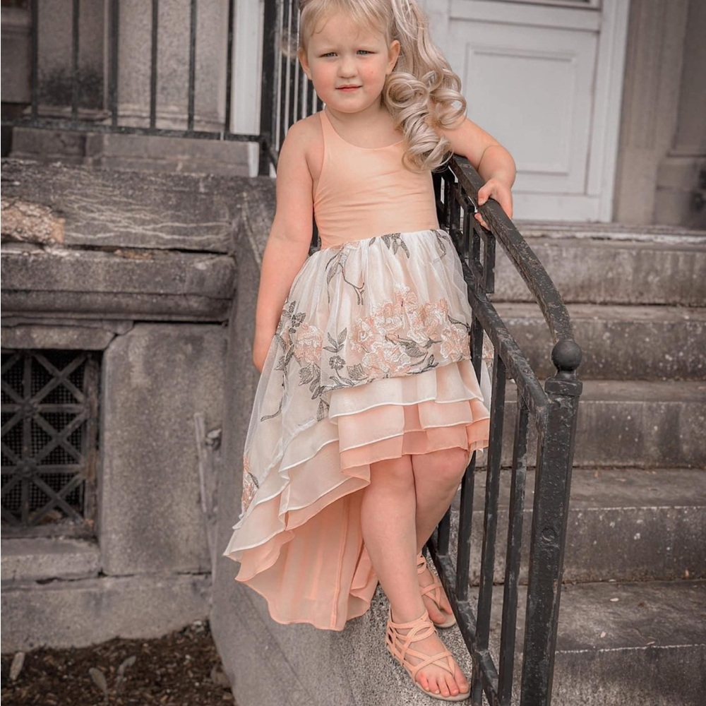 Pageant hi low 5 6 7 Peach Floral Layered Kids Formal Dress Oh Shana Handmade